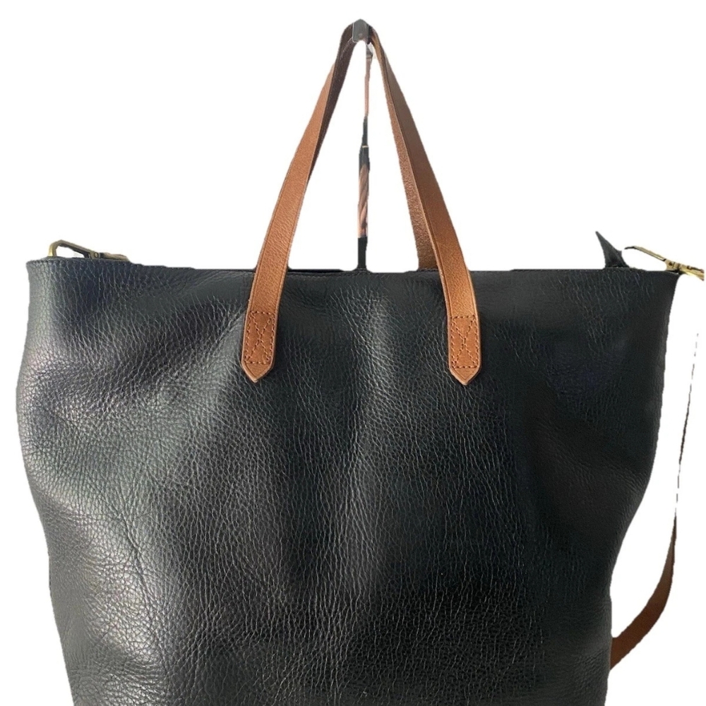 Madewell Transport Large Leather Tote Crossbody Shoulder Bag Black Tan - Picture 2 of 7